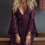 Purple Lace V-neck Ruched Bell sleeve Sheer Maxi Dress