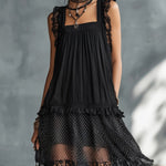 Black Lace-trimmed Ruffled Sheer Polka Dot Mini Dress