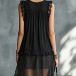 Black Lace-trimmed Ruffled Sheer Polka Dot Mini Dress