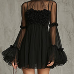 Black Sheer Floral Appliqué High Neck Pleated Chiffon Mini Dress