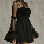 Rosalba | Mini black transparent dress with high collar and floral appliqués