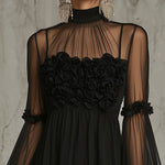 Rosalba | Mini black transparent dress with high collar and floral appliqués