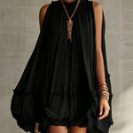 Valentina | Black Pleated Chiffon Mini Dress with Elegant Halternec
