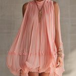 Pink Halter Neck Ruffled Chiffon Bubble Mini Dress