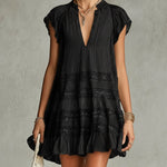 Black Striped Chiffon Lace-trimmed Ruffled Mini Dress