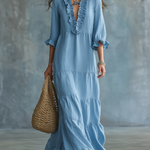 Anita | Sky Blue Boho Maxi Dress with V-Neck and Ruffles