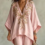 Light Pink Embroidered Batwing Sleeve Shirt And Wide-leg Pants Two-piece Set