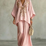 Marianna | Pink suit with embroidered cape top and wide-leg pants