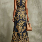 Navy Blue And Gold Baroque Print Halter Neck Sleeveless Maxi Dress