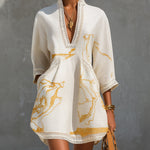 Ivory Gold Printed V-neck Crochet Lace Mini Dress