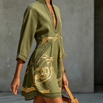 Black Gold Printed V-neck Crochet Lace Mini Dress