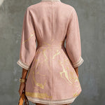 Pink Gold Printed V-neck Crochet Lace Mini Dress