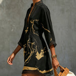 Black Gold Printed V-neck Crochet Lace Mini Dress