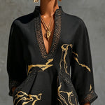 Black Gold Printed V-neck Crochet Lace Mini Dress