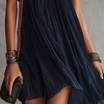 Navy Blue Floral Embroidered Pleated Chiffon Mini Dress