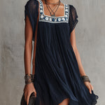 Navy Blue Floral Embroidered Pleated Chiffon Mini Dress