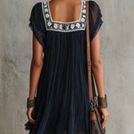 Navy Blue Floral Embroidered Pleated Chiffon Mini Dress