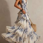 Romantic Vacation Blue And White Floral Print Halter Neck Ruffled Maxi Dress