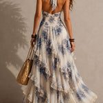 Romantic Vacation Blue And White Floral Print Halter Neck Ruffled Maxi Dress