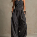 Boho Charcoal Crisscross Halter Pinstripe Wide-Leg Jumpsuit