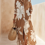 Brown White Floral Print Vacation Maxi Shirt Dress