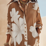 Brown White Floral Print Vacation Maxi Shirt Dress