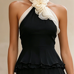 Nancy | Black layered mini dress in chiffon with floral pattern and halterneck neckline