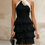 Nancy | Black layered mini dress in chiffon with floral pattern and halterneck neckline