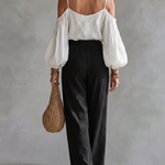 White Off-the-shoulder Tank Top And Black Wide-leg Pants Suit