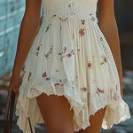 White Floral Print Spaghetti Strap Bohemian Mini Dress