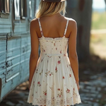 White Floral Print Spaghetti Strap Bohemian Mini Dress