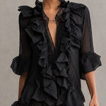 Mary | Black Mini Dress in Chiffon Lace with Ruffles