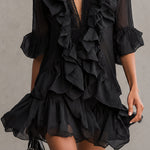 Mary | Black Mini Dress in Chiffon Lace with Ruffles