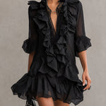 Mary | Black Mini Dress in Chiffon Lace with Ruffles