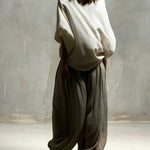 White Batwing Wide-sleeved Top And Light Khaki Harem Pants Suit