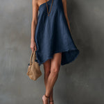 Navy Blue One-shoulder Sleeveless Frayed Mini Dress