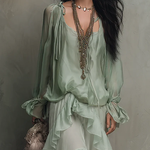 Mint Green Chiffon Ruffled Top Paired With A Layered Skirt Set