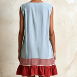 Blue Sleeveless Red Striped And Ruffled Loose Mini Dress