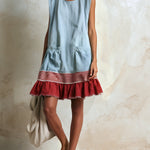 Blue Sleeveless Red Striped And Ruffled Loose Mini Dress