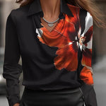 Solid Satin Floral Print Simple Swing Collar Shirt Top