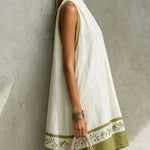 White And Olive Green Floral Sleeveless A-line Mini Dress