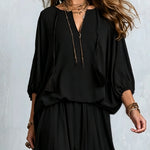 Black Chiffon Tassel Drawstring V-neck Top Paired With A Ruffled Layered Skirt Set