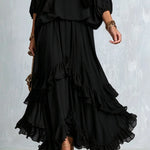 Black Chiffon Tassel Drawstring V-neck Top Paired With A Ruffled Layered Skirt Set