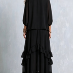 Black Chiffon Tassel Drawstring V-neck Top Paired With A Ruffled Layered Skirt Set