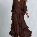 Ondine | Brown Chiffon Top with Fringes and Flared Skirt