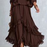 Brown Chiffon Tassel Drawstring V-neck Top Paired With A Ruffled Layered Skirt Set