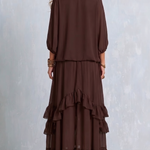 Ondine | Brown Chiffon Top with Fringes and Flared Skirt