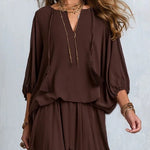 Ondine | Brown Chiffon Top with Fringes and Flared Skirt