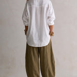 Capucine | White Loose Shirt and Olive Green Lantern Pants
