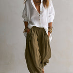 Capucine | White Loose Shirt and Olive Green Lantern Pants